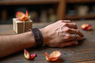 Bracelet en cuir marron personnalisé pour homme posé sur une surface en bois avec pétales de rose séchées, idée cadeau Saint-Valentin