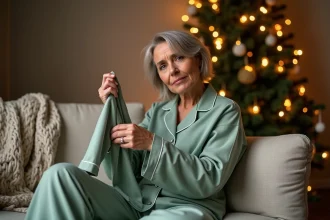Femme examinant un pyjama personnalisable près d'un sapin de Noël décoré, illustrant les erreurs à éviter lors d'un cadeau de pyjama à personnaliser