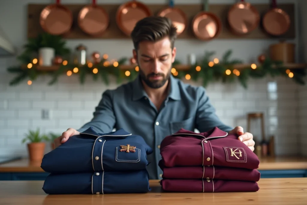 Homme comparant deux pyjamas personnalisés sur une table en bois avec décoration de Noël, pour illustrer les conseils de choix d'un pyjama à offrir
