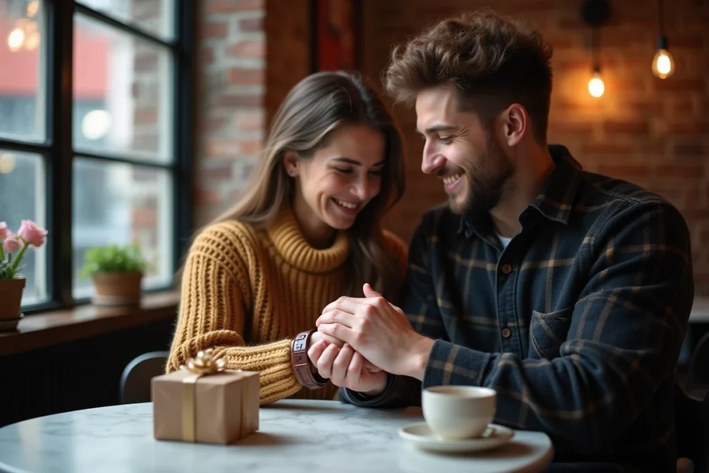 Couple échangeant un bracelet en cuir personnalisé dans un café cosy, cadeau Saint-Valentin romantique pour homme