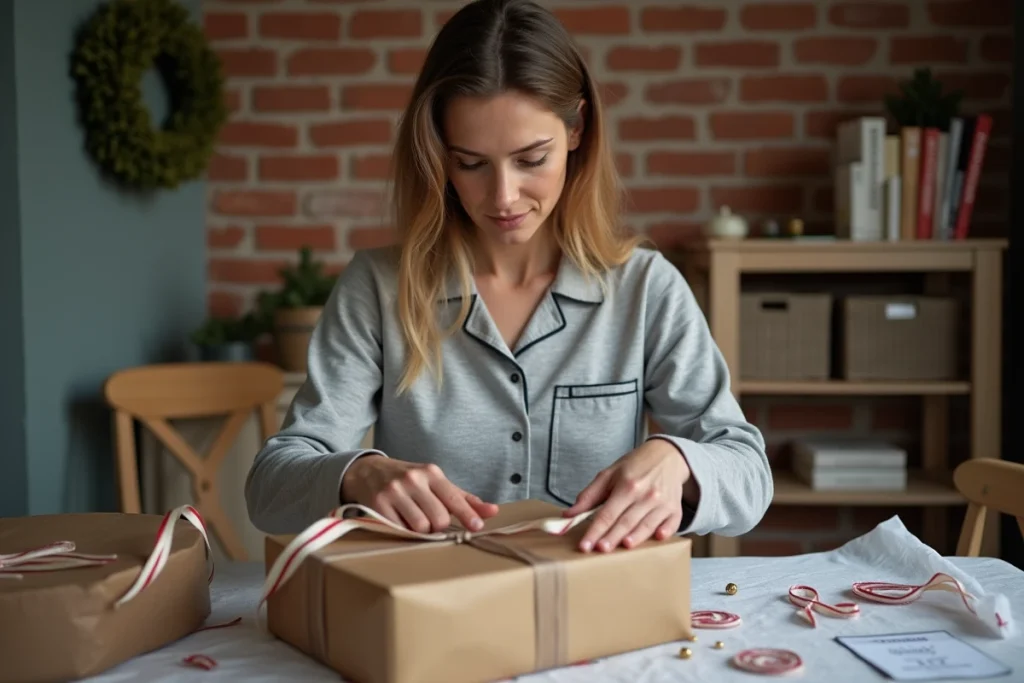 Femme hésitante emballant un pyjama personnalisé avec une fiche de tailles, illustrant les erreurs courantes lors de l'offre d'un pyjama personnalisable à Noël