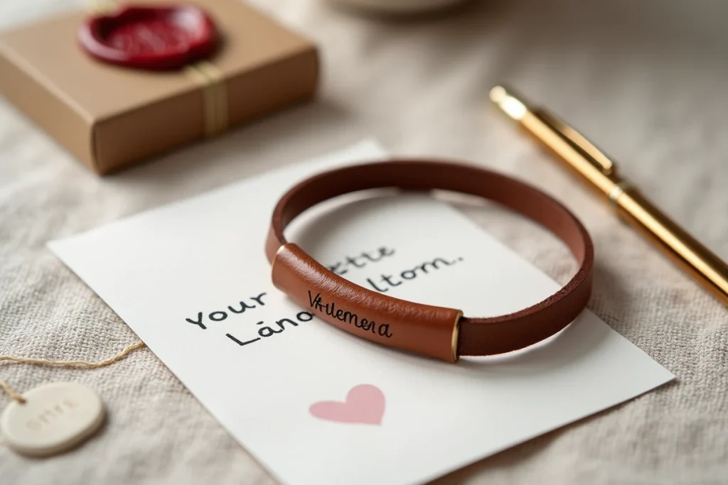 Flat lay d'un bracelet en cuir cognac personnalisé pour homme avec carte Saint-Valentin manuscrite et boîte cadeau kraft