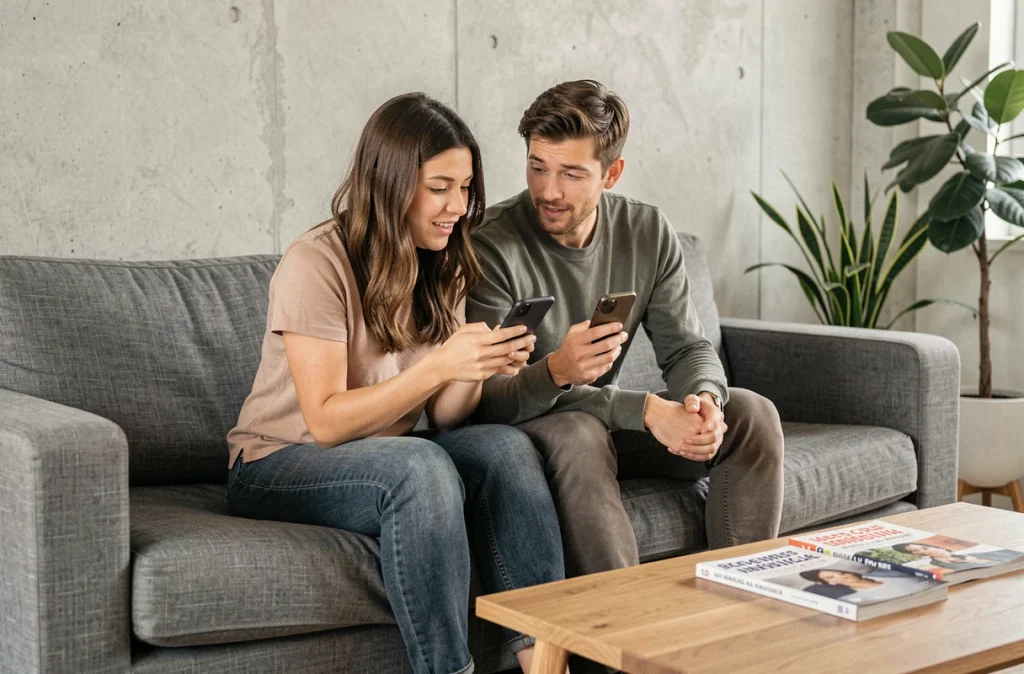 Deux amis lisant des avis en ligne sur un smartphone avant de passer commande sur internet