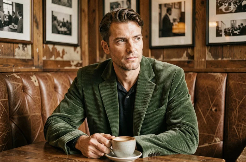 Homme en blazer velours côtelé vert vintage assis dans un café cosy pour la tendance hiver 2026