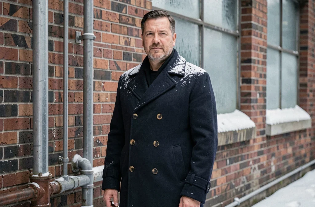 Homme en caban vintage bleu marine double boutonnage devant un mur de briques industriel en hiver 2026