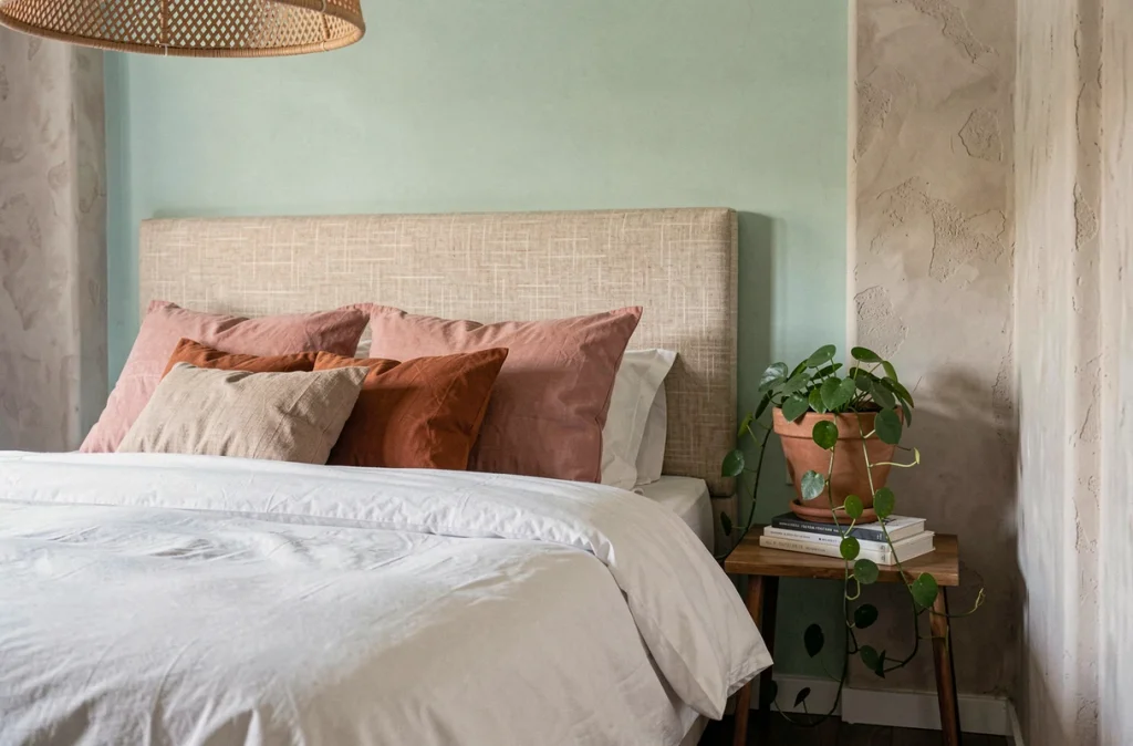 Chambre avec mur vert d'eau et coussins terracotta, exemple de couleurs complémentaires appliquées à la décoration intérieure