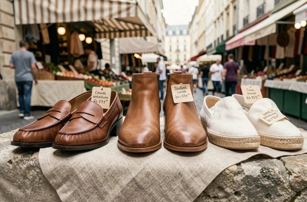 Trois paires de chaussures féminines avec étiquettes de marques françaises exposées sur un étal de marché en plein air