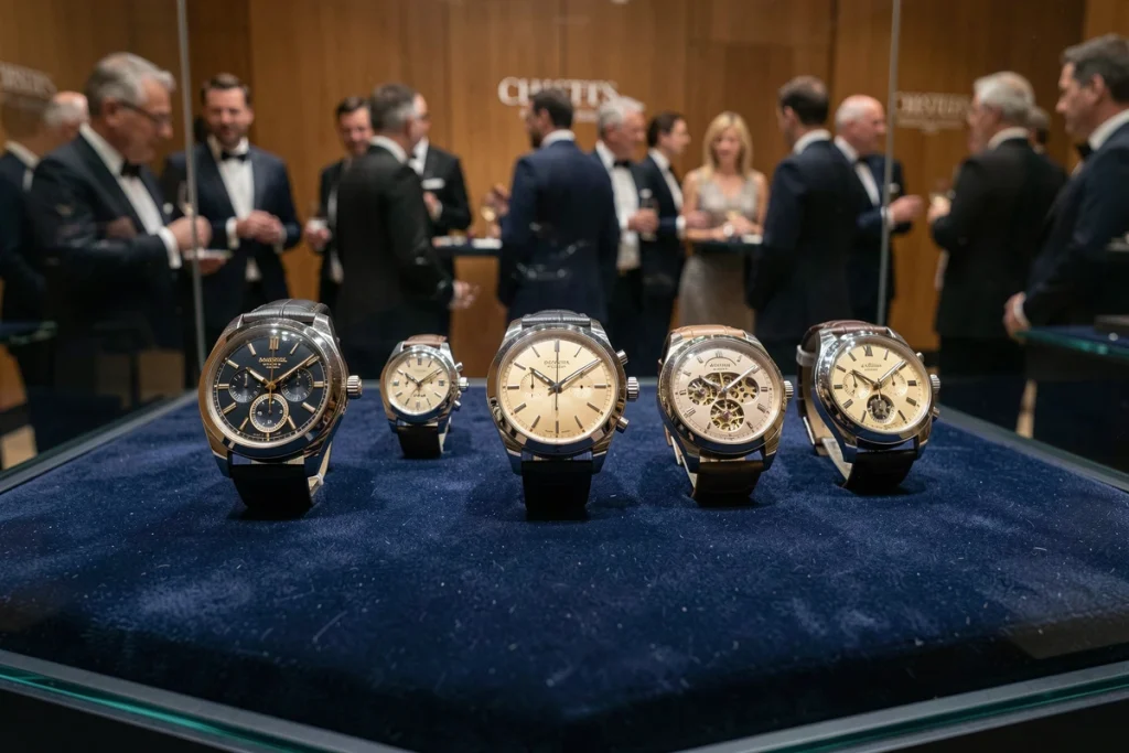 Collection de montres de luxe rares exposées sur velours lors d'une vente aux enchères horlogère prestigieuse