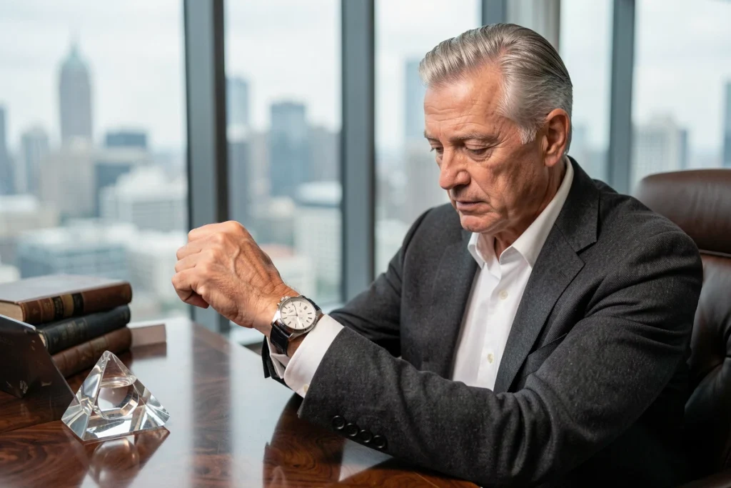 Collectionneur distingué examinant une montre de luxe en platine dans un bureau élégant