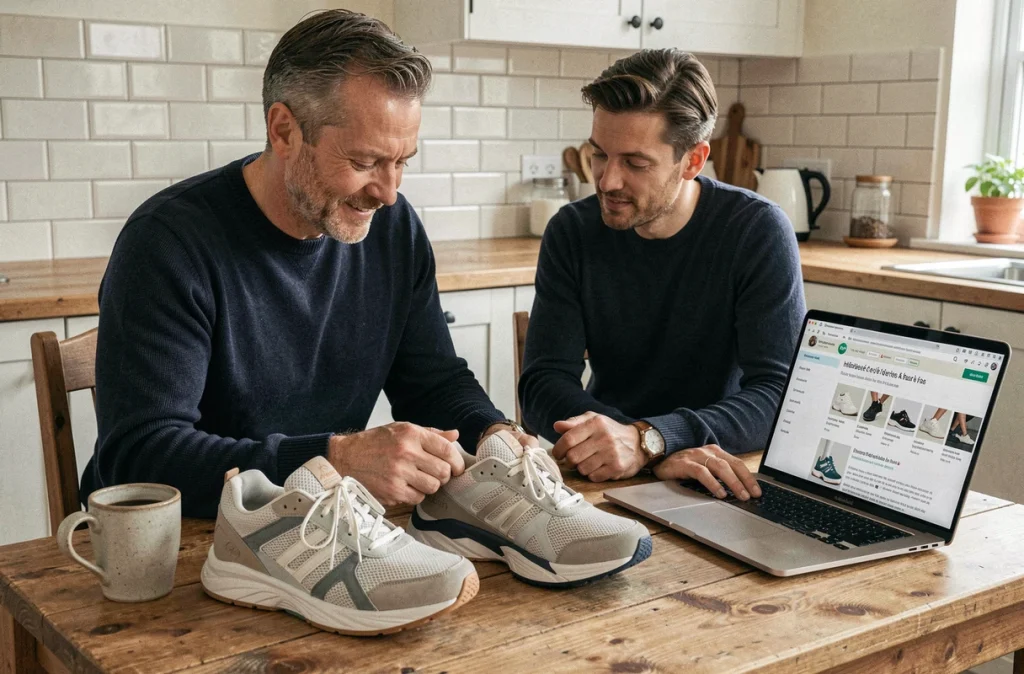 Homme comparant deux paires de sneakers à domicile en consultant des avis consommateurs sur un site français