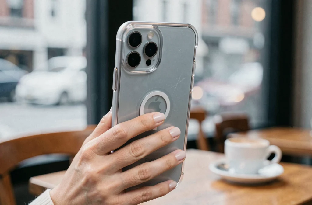 Main féminine tenant un iPhone 14 Plus avec une coque transparente MagSafe dans un café, inspectant l'anneau magnétique visible