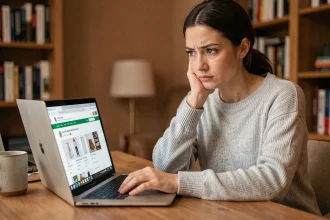 Femme consultant des avis clients sur un site e-commerce depuis son bureau à domicile