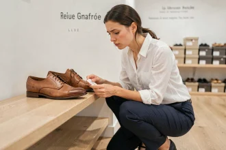 Femme examinant une paire de chaussures en cuir dans une boutique française minimaliste, lisant attentivement l'étiquette de la marque