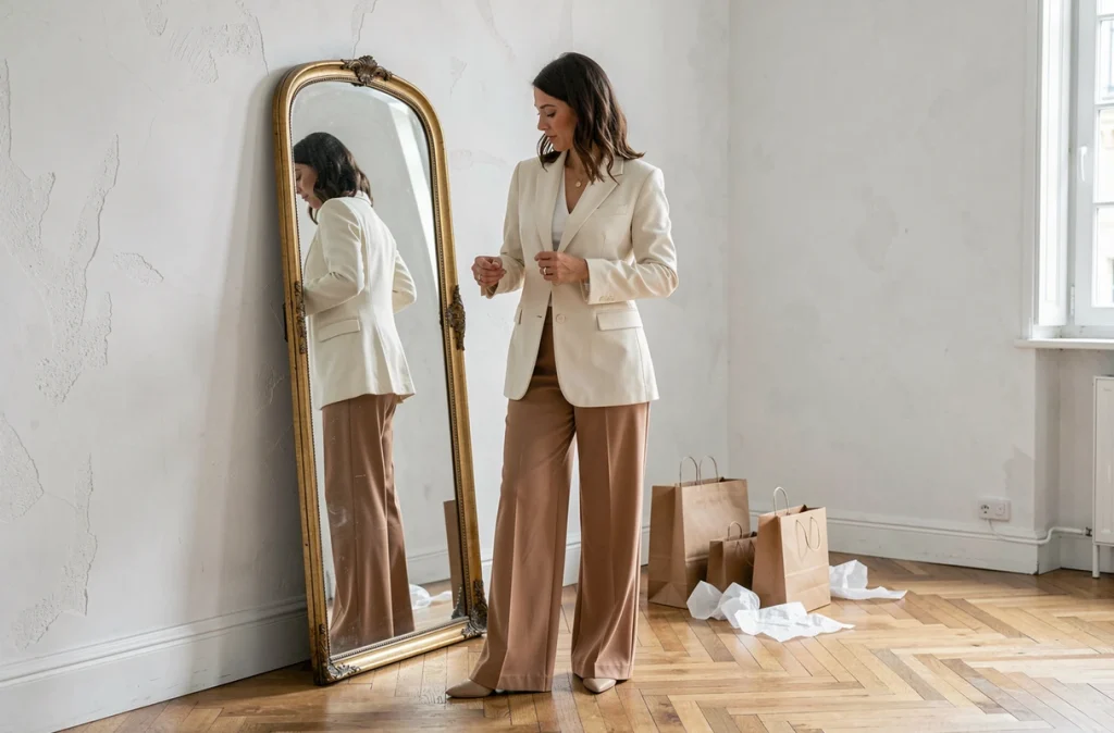 Femme essayant une tenue JOHANNA Paris composée d'un blazer ivoire et d'un pantalon camel dans un appartement parisien minimaliste