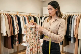 Femme mesurant sa taille avec un mètre ruban dans une boutique de vêtements pour trouver la bonne taille