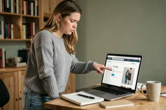 Femme consultant un site de vente de vêtements en ligne confuse par la mention Sonstiges dans les catégories produit