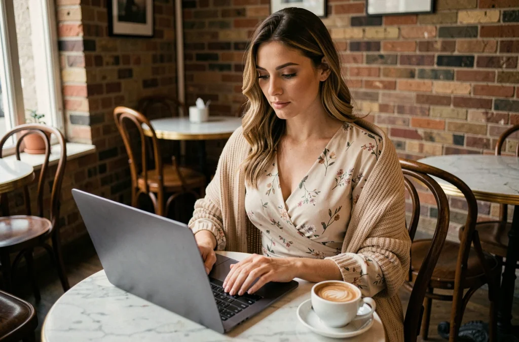 Femme élégante shopping en ligne sur la boutique JOHANNA Paris depuis un café parisien en robe wrap florale