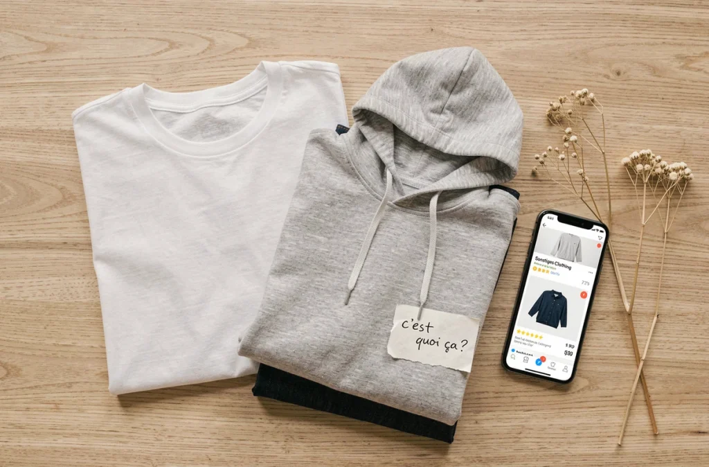 Flat lay de vêtements basiques avec un smartphone affichant une commande en ligne classée sous Sonstiges Clothing