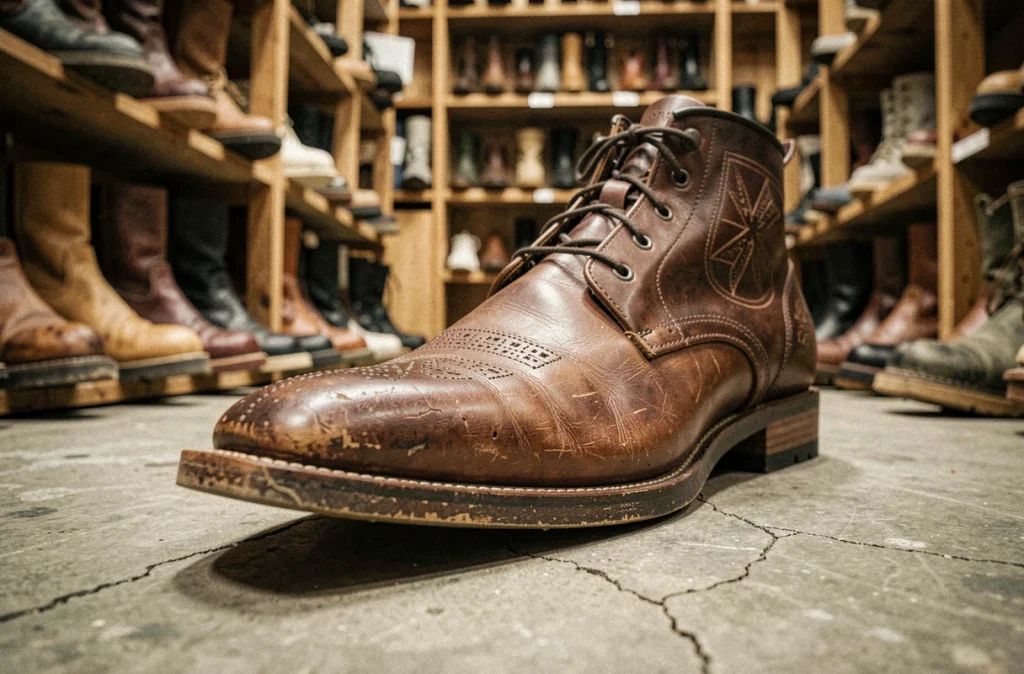 Gros plan d'une santiag vintage homme en cuir tabac avec motifs géométriques cousus main, posée sur un sol béton dans une friperie vintage