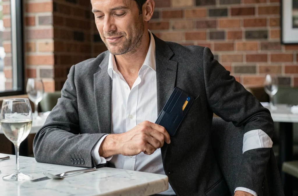 Homme élégant sortant un portefeuille slim personnalisé en cuir marine de la poche d'un blazer dans un bistrot