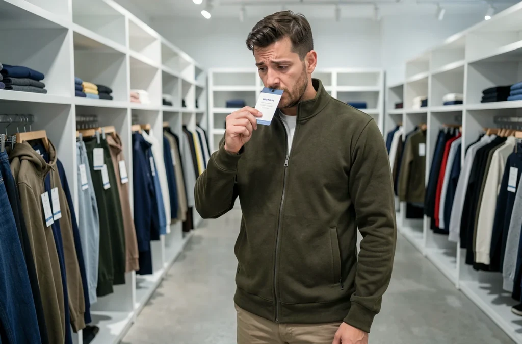 Homme en magasin lisant attentivement une étiquette de vêtement pour comprendre la classification des articles