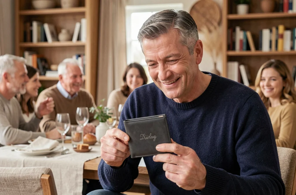 Homme souriant tenant un portefeuille en cuir personnalisé gravé reçu en cadeau lors d'une célébration en famille