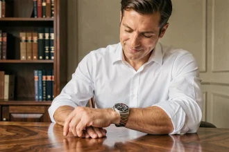 Homme élégant examinant une Rolex Submariner reconditionnée à son poignet dans un bureau raffiné
