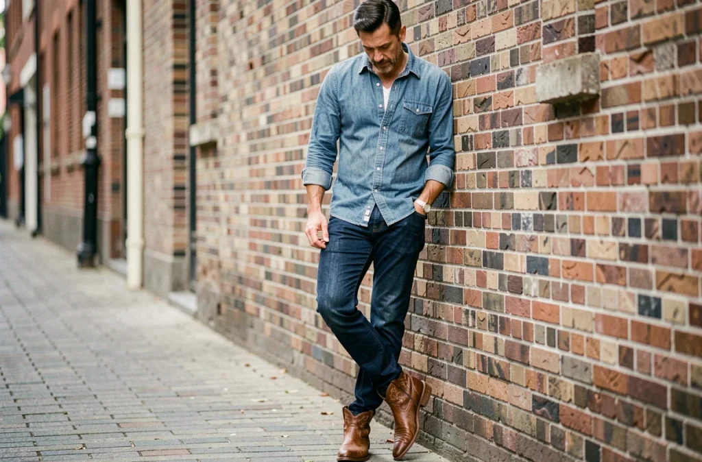 Homme de quarante ans portant des santiags en cuir brun vintage avec jean indigo et chemise chambray, appuyé contre un mur de briques urbain