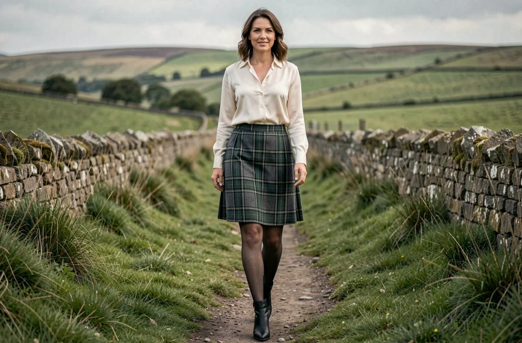 Femme en kilt irlandais moderne gris et vert dans la campagne irlandaise avec chemisier en soie ivoire
