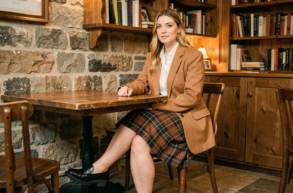 Femme en kilt irlandais roux dans un café rustique, tenue élégante et décontractée avec blazer camel