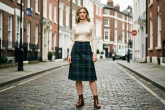 Femme portant un kilt irlandais vert et marine avec un col roulé crème dans les rues de Dublin