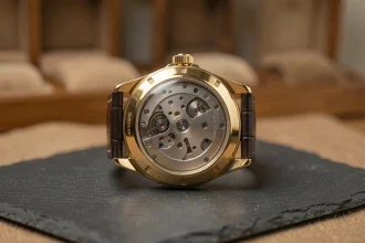 Montre de luxe mécanique avec tourbillon posée sur ardoise dans un atelier horloger, détail macro du mouvement