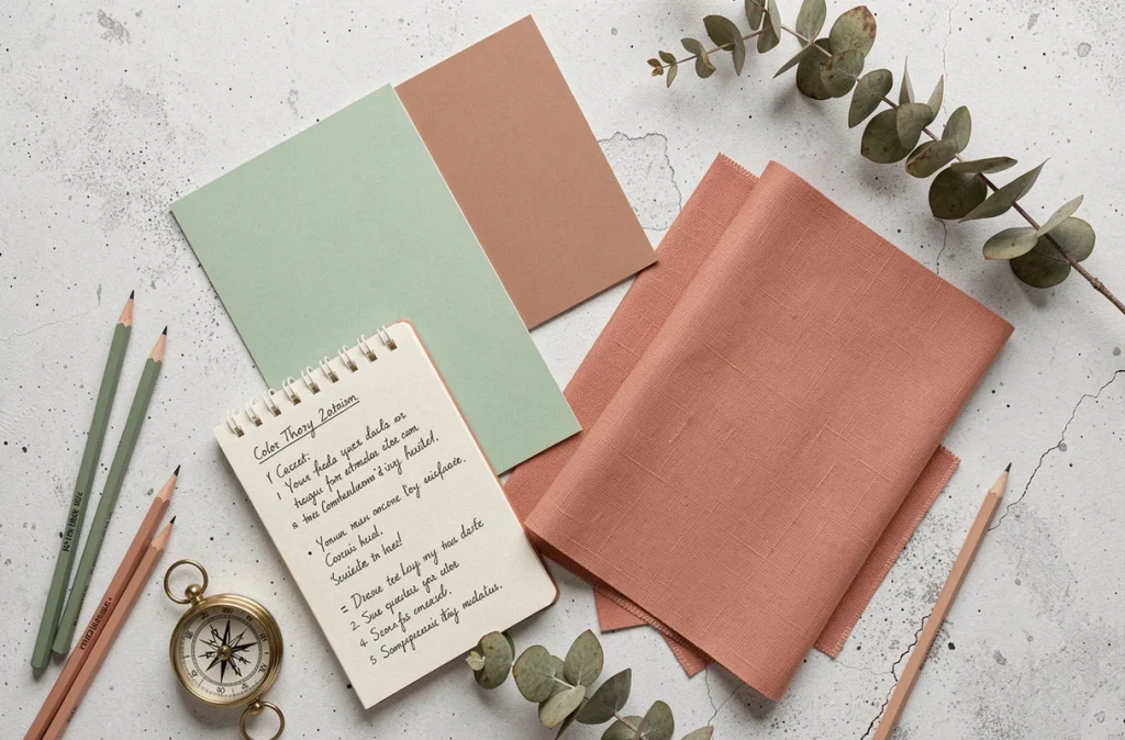 Flat lay de nuanciers et échantillons tissu en vert d'eau et corail, palette de couleurs complémentaires pour la décoration