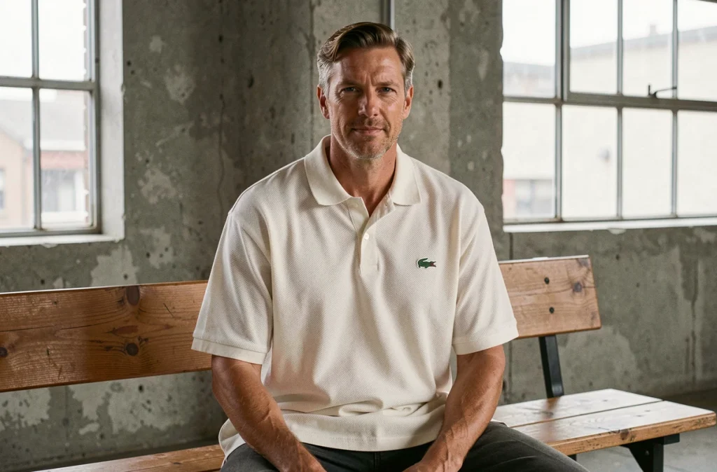 Homme en polo Lacoste coupe loose fit blanc cassé assis dans un loft minimaliste, illustrant le style décontracté et ample de la coupe relaxed
