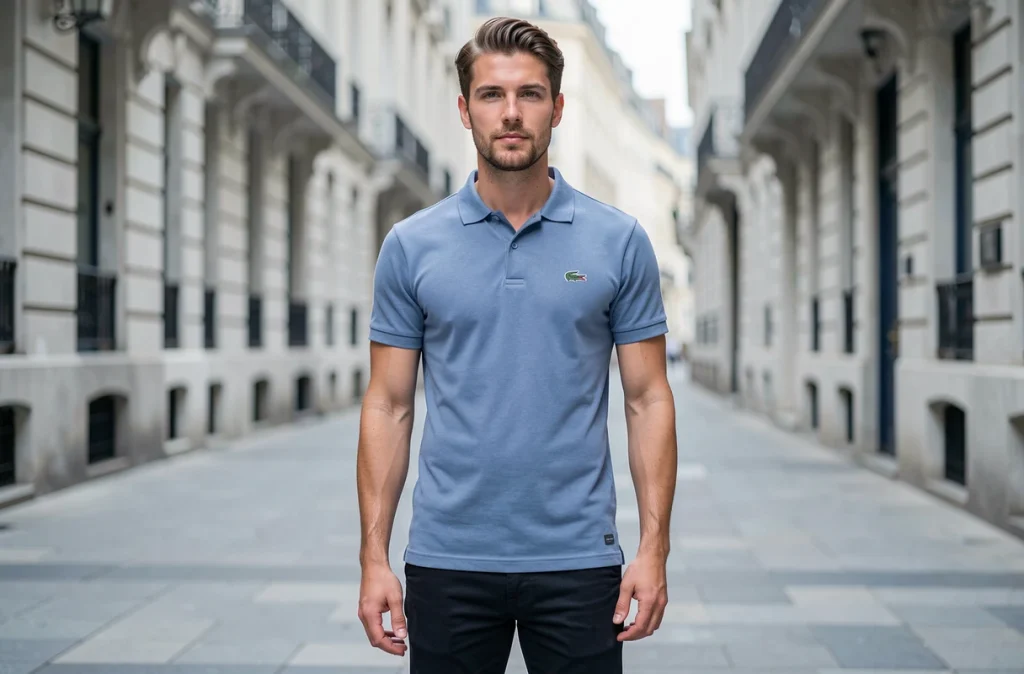 Homme jeune en polo Lacoste slim fit bleu marine dans un cadre urbain parisien, silhouette ajustée et moderne mise en valeur par la coupe cintrée