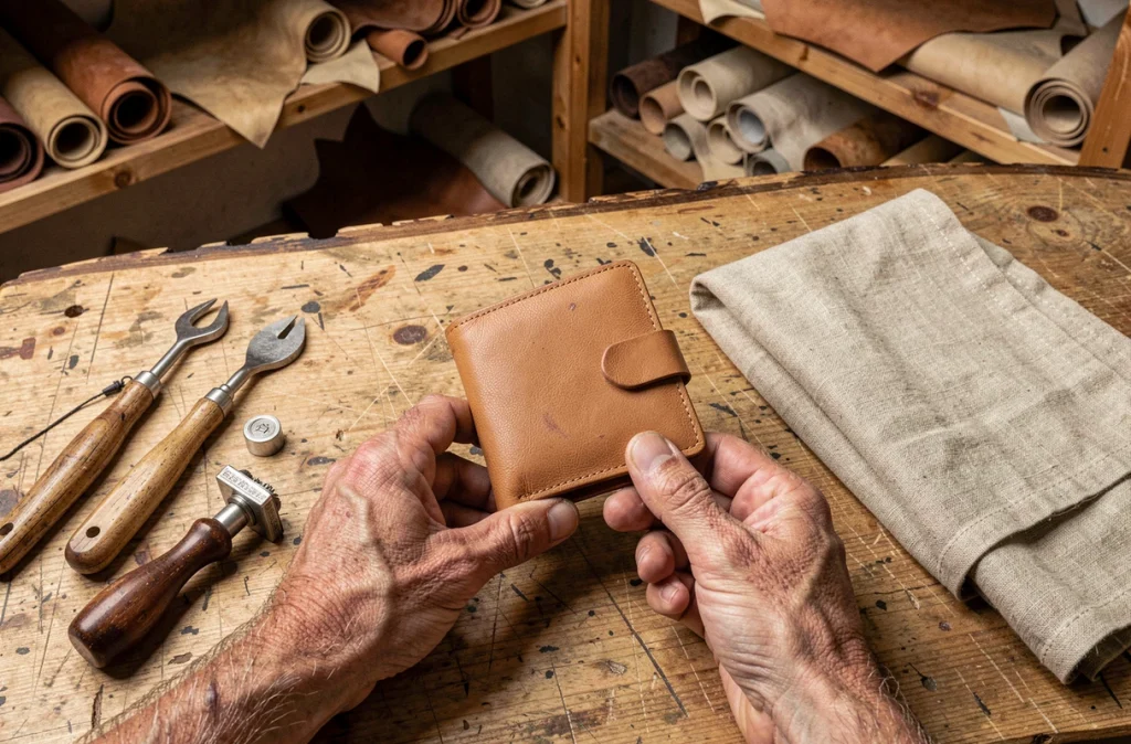 Portefeuille en cuir tan posé sur un établi d'artisan entouré d'outils de gravure et de maroquinerie