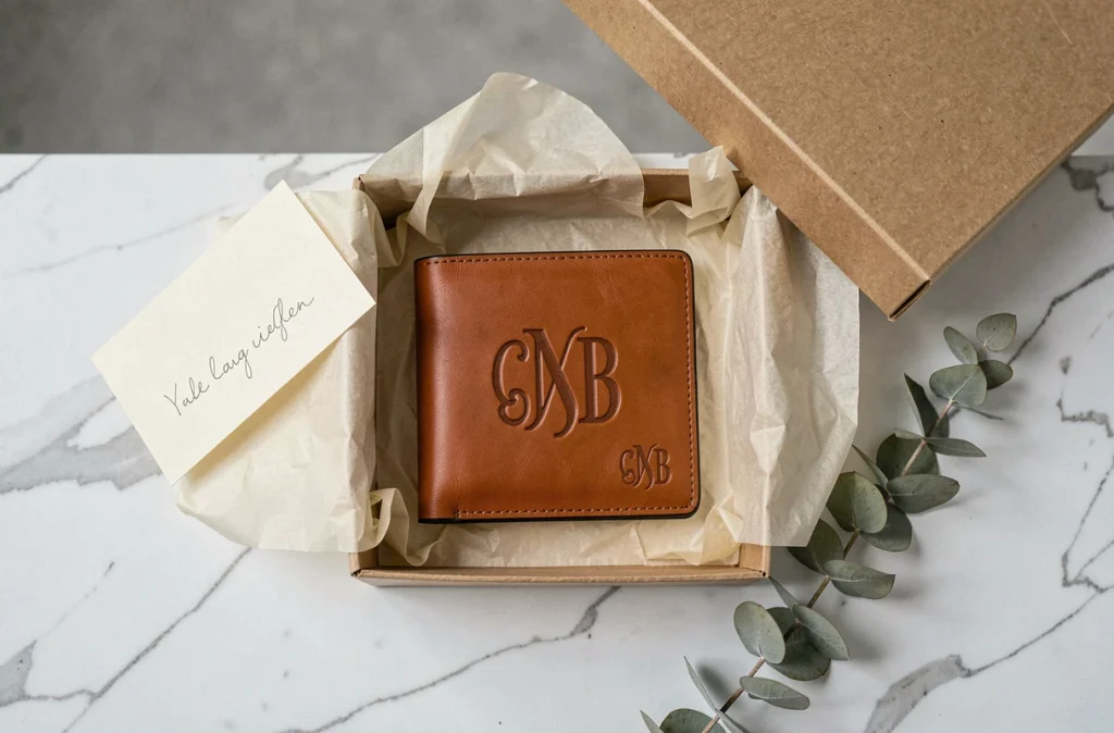 Portefeuille en cuir cognac personnalisé avec monogramme présenté dans une boîte cadeau élégante sur marbre blanc