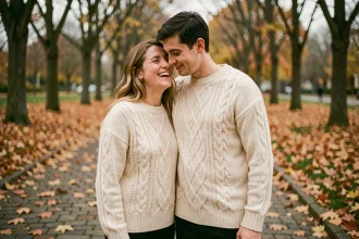 Couple assorti portant des pulls en laine crème à torsades dans un parc automnal aux feuilles dorées