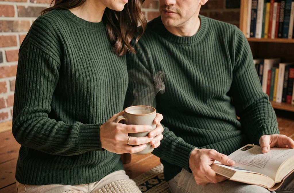 Couple en pulls verts assortis assis sur un plancher en bois dans un intérieur chaleureux et rustique
