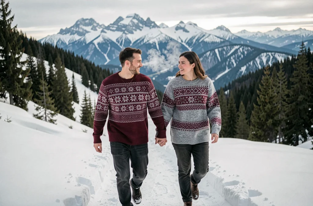 Couple portant des pulls assortis en motif fair isle marchant sur un sentier enneigé en montagne