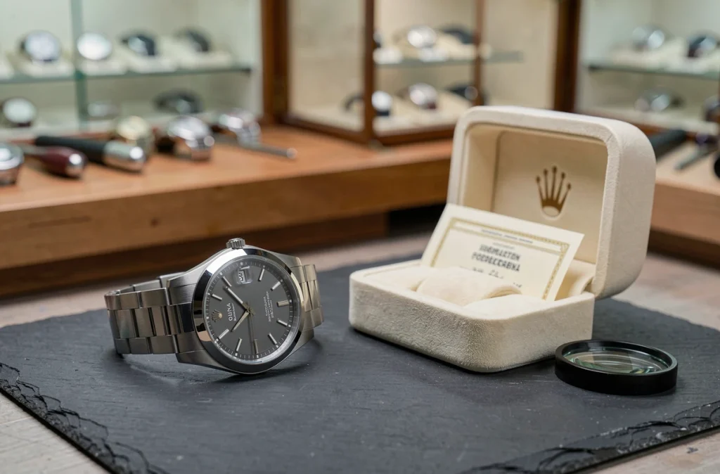 Rolex Datejust reconditionnée posée sur une surface en ardoise avec certificat d'authenticité et loupe dans un atelier horloger