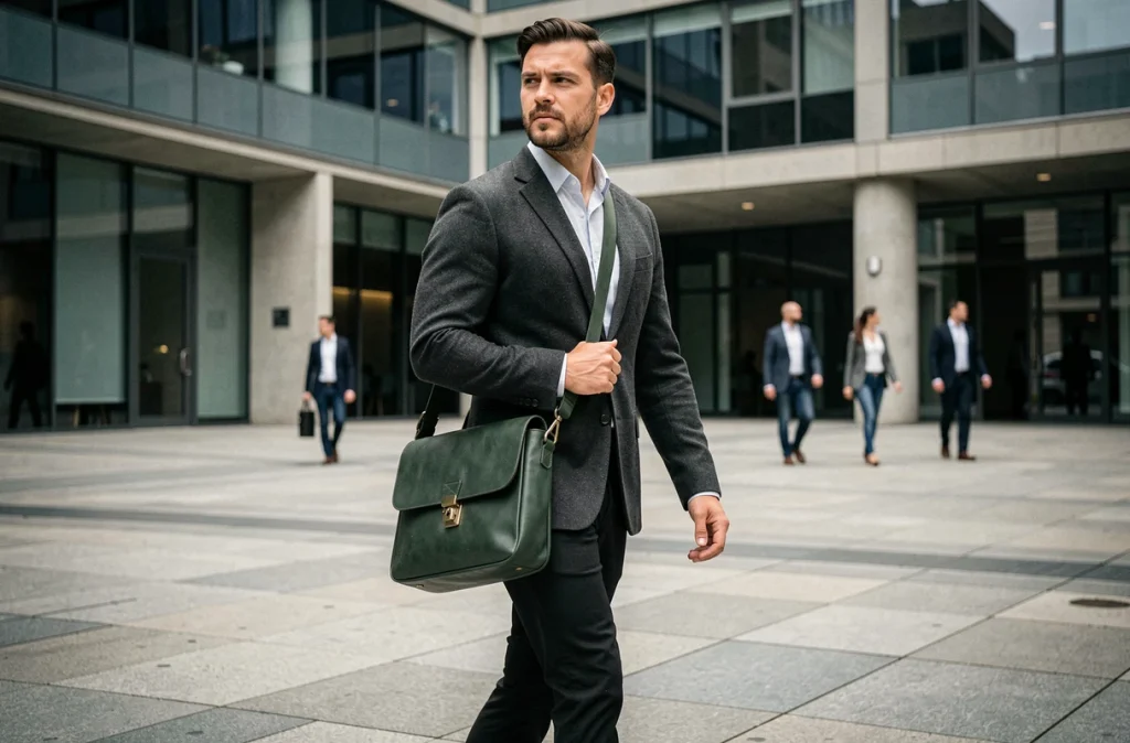 Homme en blazer charbon portant un sac bandoulière en cuir vert tendance 2026 en milieu urbain