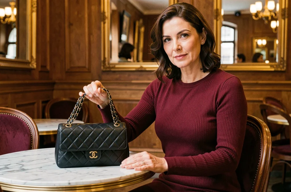 Femme posant avec un sac à bandoulière matelassé à chaîne dorée tendance 2026 dans une brasserie parisienne