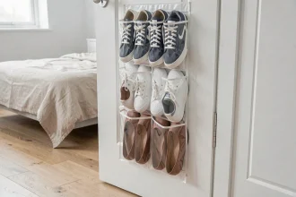 Sac de rangement chaussures transparent accroché derrière une porte de chambre blanche, révélant plusieurs paires de chaussures organisées dans des poches en plastique