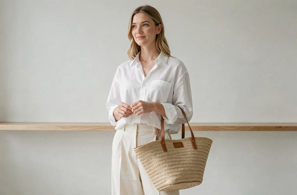 Femme tenant un sac seau en raphia avec garniture cuir, style minimaliste et tendance 2026