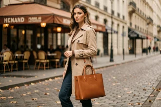 Femme élégante portant un sac tote en cuir cognac tendance 2026 dans une rue parisienne en automne