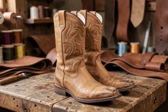 Paire de santiags vintage pour homme en cuir tanné avec broderies florales, posée sur un établi en bois d'un atelier de maroquinerie