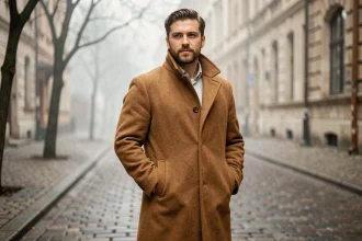 Homme portant une veste vintage en laine camel marron sur une rue pavée européenne en hiver 2026
