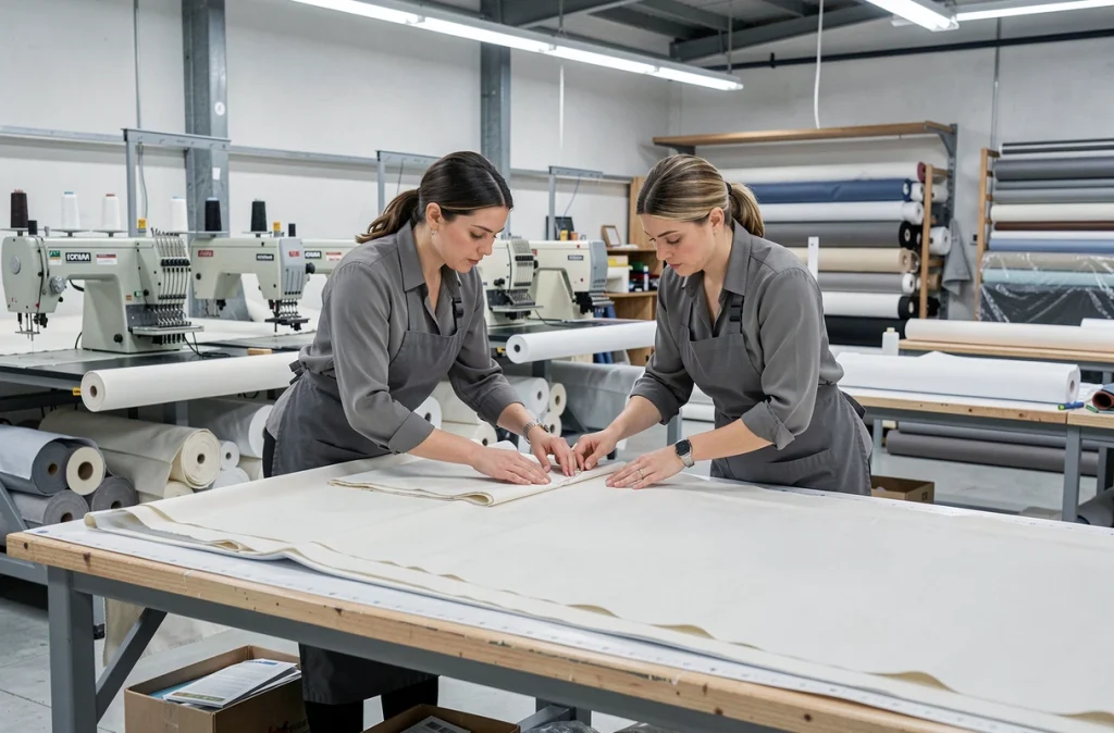 Deux couturières des Ateliers Grandis à Aubervilliers collaborant sur une grande table de coupe industrielle dans un atelier professionnel