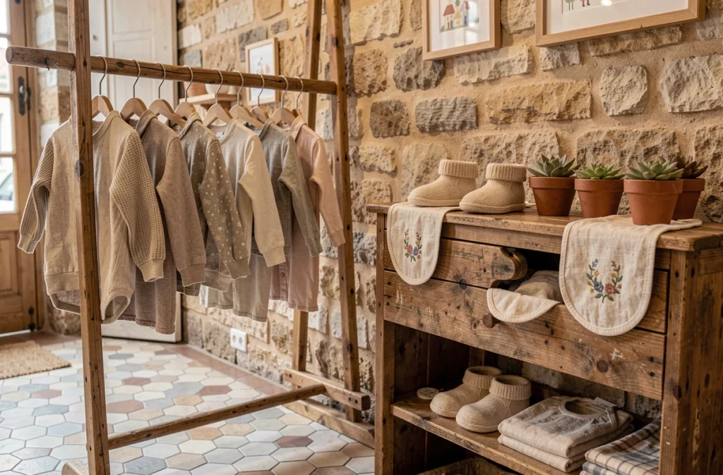 Intérieur chaleureux de la boutique Bébé Inédit avec des vêtements artisanaux pour bébés en lin et coton bio sur une tringle en bois rustique